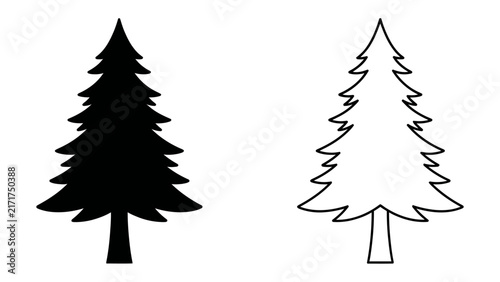 Conifer Tree Icons: A silhouette of a black conifer tree stands next to a detailed outline drawing of a similar tree, representing different styles of illustration.