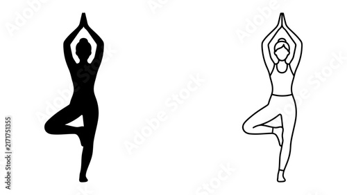 Yoga Pose Silhouettes: Two stylized figures, one a solid black silhouette and the other an outline, demonstrate the graceful Tree Pose in yoga, symbolizing balance, focus, and tranquility.