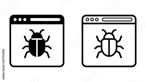 Software Bug Iconography: Two stylized icons representing a software bug, displayed within browser window outlines, symbolizing debugging and software development.
