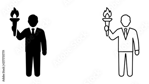 Man Holding Torch: A stylized illustration depicts a person in a suit holding a flaming torch, symbolizing leadership, guidance, or progress.