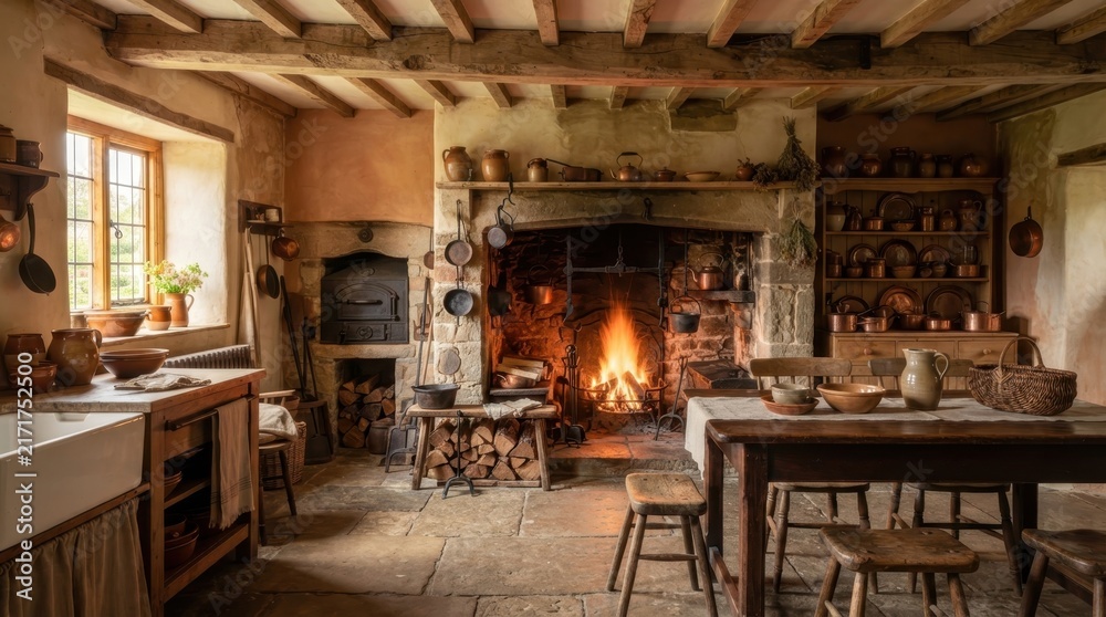 Naklejka premium Rustic Kitchen Hearth: An old-fashioned kitchen warmed by a crackling fireplace, featuring wooden beams, stone floors, and antique cooking utensils, creating a cozy and timeless ambiance.