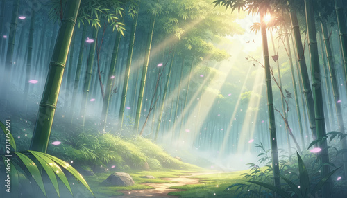 Sunlight filtering through a lush bamboo forest with glowing particles.