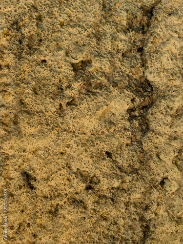 Fotografie Detailed macro shot of a rough weathered stone surface with natural porous texture, earthy tones, and uneven crevices suitable for background design
