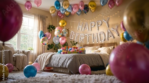 Festive Happy Birthday bedroom surprise, colorful balloons and silver foil letter banner, cozy morning celebration at home