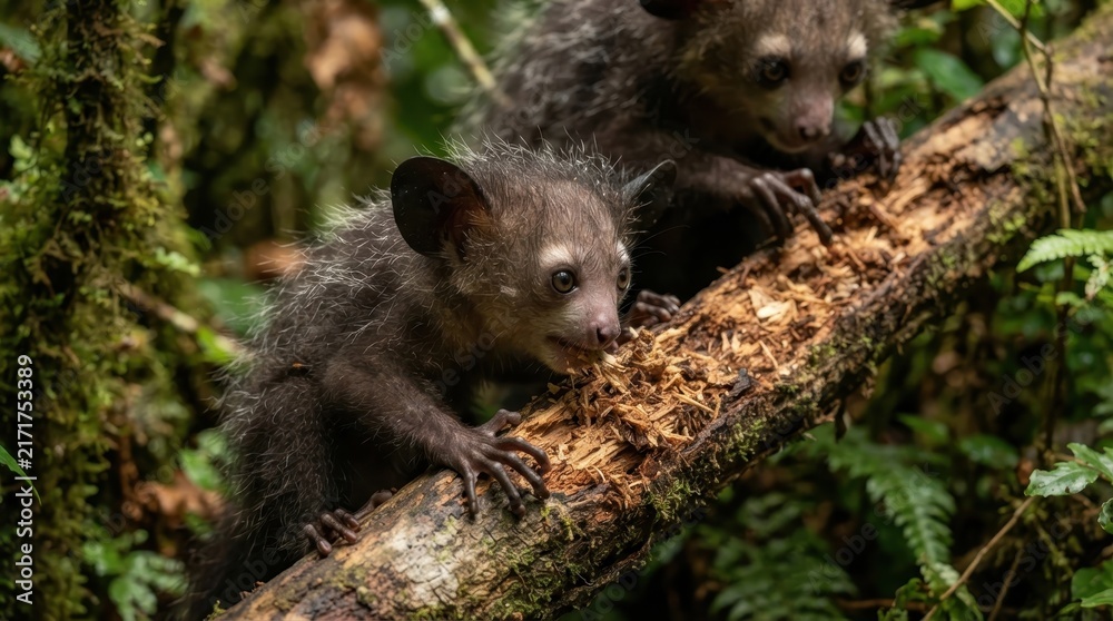 Naklejka premium Aye-Aye Primates in Their Natural Habitat: Two aye-aye primates, with their large ears and slender fingers, navigate the lush branches of a moss-covered tree in their natural rainforest environment.