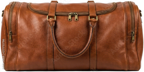 фотографія Vintage brown leather travel duffel bag.