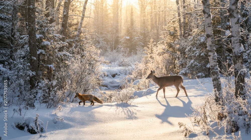 Naklejka premium Winter Woodland Encounter: A curious fox and a graceful deer navigate a snow-covered forest path as the golden rays of the morning sun pierce through the frosted trees.