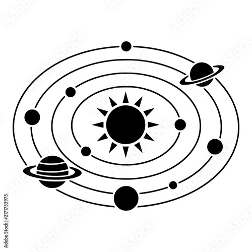 Konstfotografi Solar System with Sun, Orbiting Planets and Ringed Saturn, Black Silhouette for