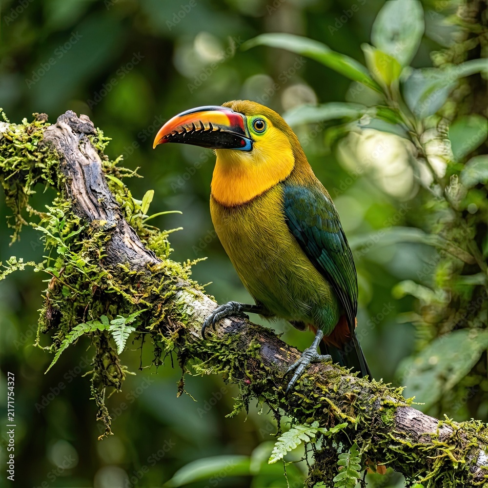 Naklejka premium Colorful Toucan Perched on Mossy Branch in Lush Rainforest