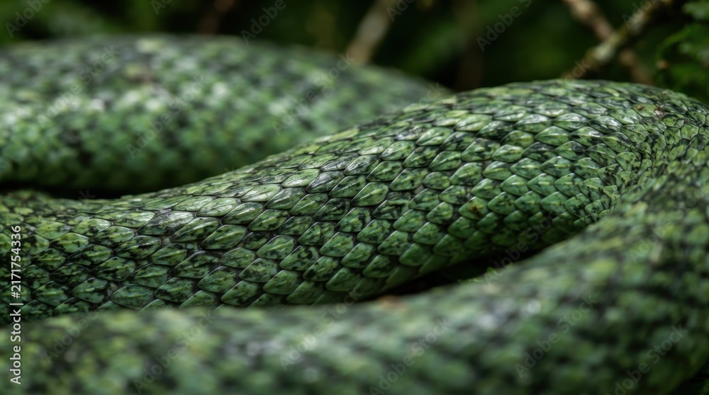 Fototapeta premium Camouflaged Green Snake: A close-up shot showcases the intricate scales and textured skin of a vibrant green snake, its body coiled amongst lush foliage.