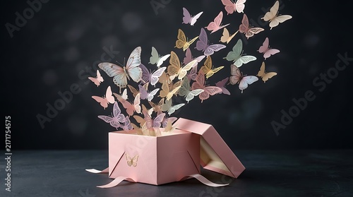 Whimsical paper butterflies flying out of pink gift box. Magical swarm of pastel butterfly cutouts. Enchanted surprise concept on dark background.