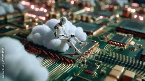 Close Up of Electronic Circuit Board and Microchip Components with Semiconductor Technology and Winter Christmas Snow Theme