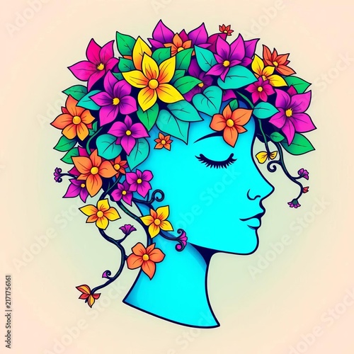 Vibrant floral design featuring a stylized head adorned with a lush vine and star-shaped leaves, whimsical, beauty