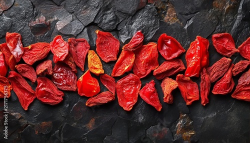 Close Up Background of Dried Goji Berries with Texture and Vibrant Red Color on Black Stone Surface.