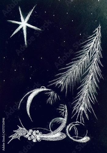 A minimalist Christmas card design.  Bethlehem star, a Christmas bauble, holly with berries, and a spruce branch.