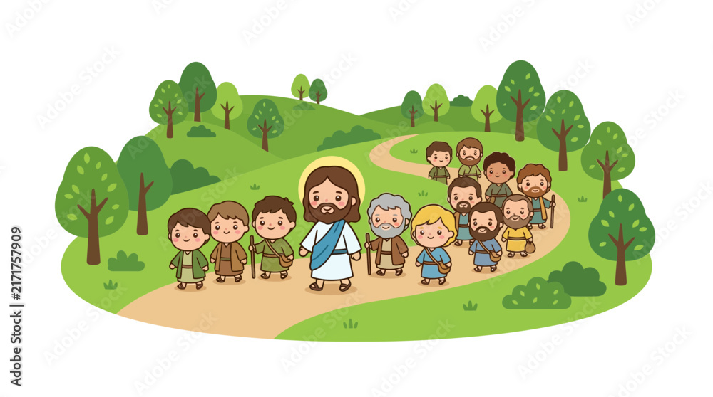 Naklejka premium Jesus leading a group of disciples on a path.
