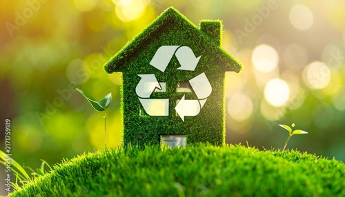 Green home glows with radiant clarity, radiating resilience, sustainability, and harmony; a vivid emblem of recycling, ecology, and transformation within environment.