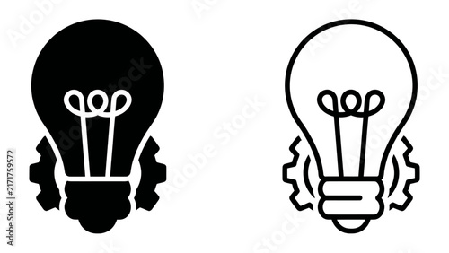 Foto Innovation Duo: A symbol of ingenuity, combining a lightbulb representing ideas with a gear symbolizing mechanics, presented in both solid black and outline styles