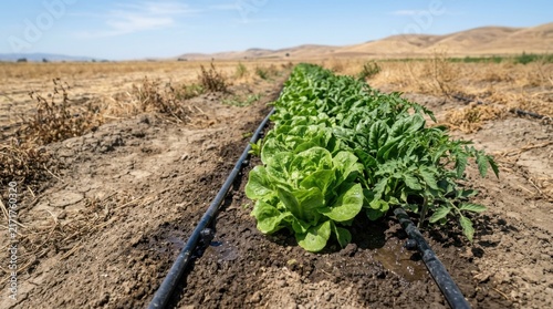 Rows of Fresh Lettuce Thriving Under Drip Irrigation System in Agricultural Field