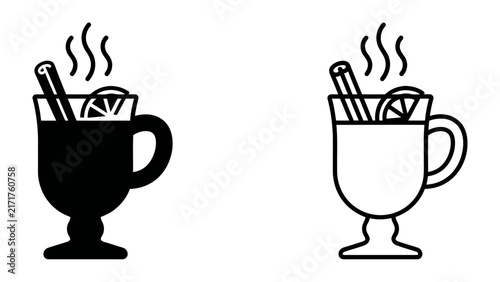 Foto Hot Beverage Icon: A simple graphic representing a hot drink in a glass mug, garnished with cinnamon stick and lemon slice, emitting steam, available in both black and white outline versions