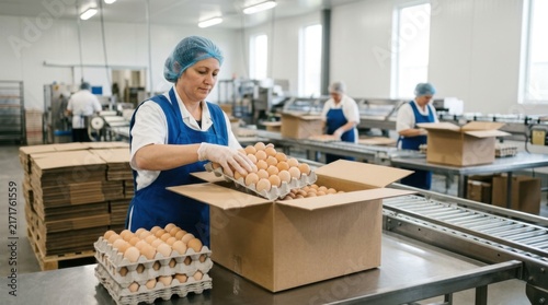 Food production worker packaging eggs in a factory setting