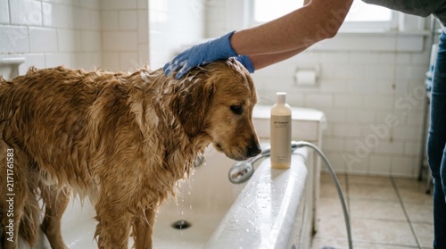 Gentle Bath Time for a Wet Golden Retriever Dog in a Bathroom Bathtub