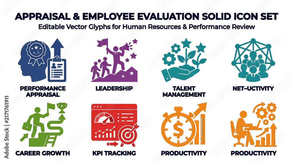 Fototapeta premium Appraisal and employee evaluation solid icon set featuring human resources
