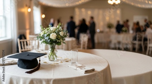 Graduation Party Table Setting With Flowers and Graduation Cap