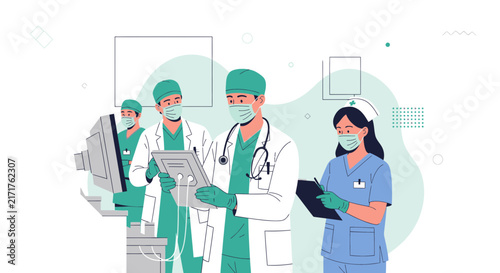 Medical Team in Masks with Stethoscopes and Clipboards, Isolated