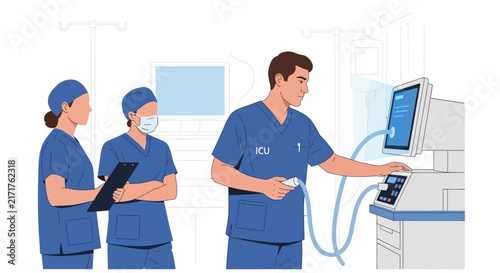 Medical Team Operating Intensive Care Ventilator Machine