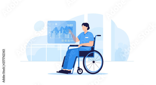 Nurse in wheelchair analyzing financial charts on a digital screen, isolated