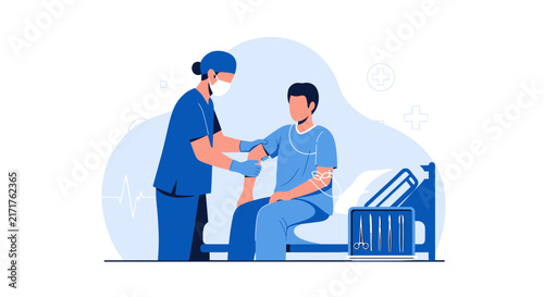 Nurse checks patient's blood pressure in hospital bed, medical illustration