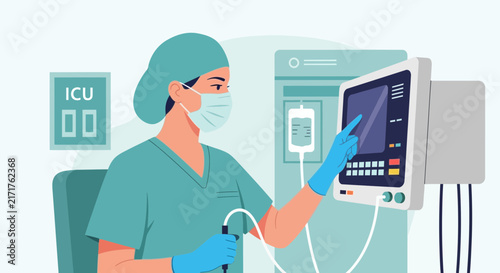 Nurse interacting with medical equipment, hospital, intensive care unit
