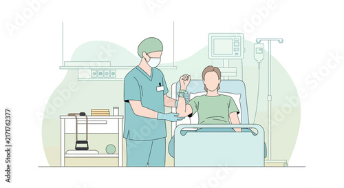 Nurse taking blood pressure of patient in hospital bed, medical care illustration