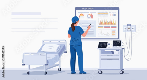 Nurse presenting medical data on screen with patient bed and equipment