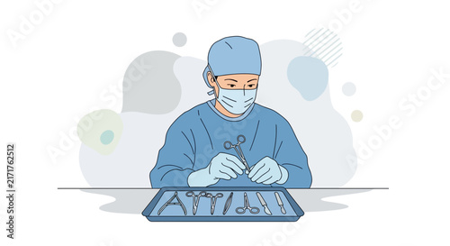 Surgeon in scrubs and mask holding instruments, isolated on transparent background.
