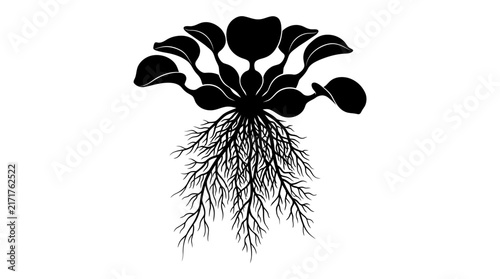 Botanical silhouette of a water hyacinth plant showing floating leaves and roots