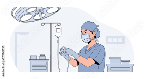 Surgeon in Scrubs Preparing IV Drip in Operating Room
