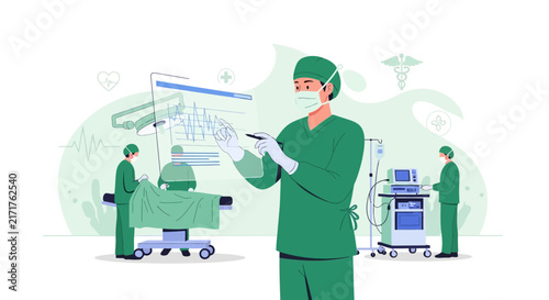 Surgeon Interacting with Futuristic Medical Display in Operating Room