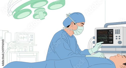 Surgeon Monitoring Patient Vitals on Medical Screen in Operating Room