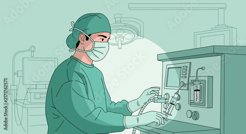Surgeon operating medical equipment with syringe, medical procedure illustration