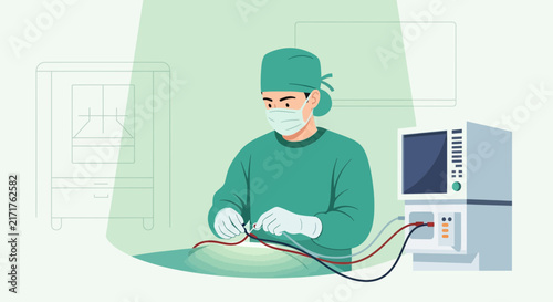 Surgeon operating with medical equipment, transparent background