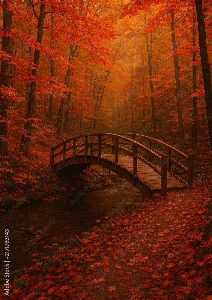 Naklejka premium Serene autumn forest bridge