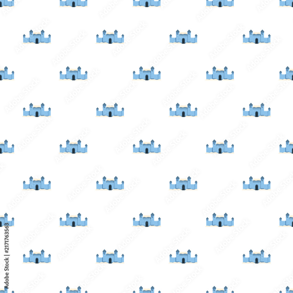 Fototapeta premium Blue fantasy castle icons repeating on a white background creating a playful pattern