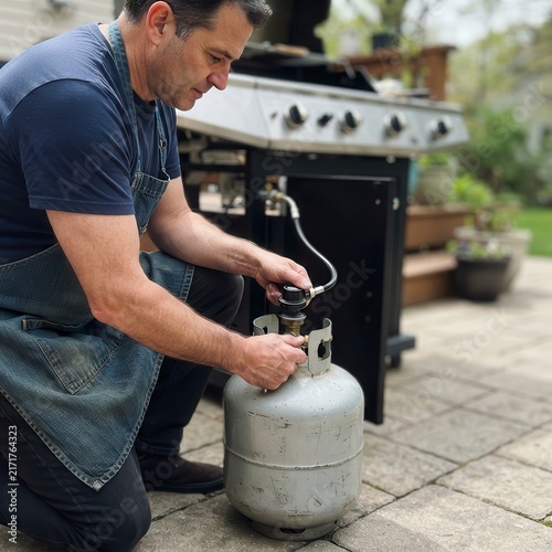 Man Connecting a Propane Tank to a Barbecue Grill for Outdoor Cooking in a Serene Backyard Setting