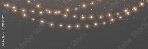 Christmas gold light background. Fairy bulb, banner. New Year luxury string garland. Winter party frame. Led neon line baubles. Festive border. Glow lamp bg. Glitter bright lamp. Vector illustration