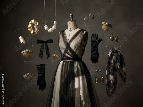 Vintage mannequin wearing elegant black lace dress with luxury fashion accessories