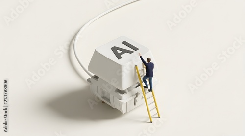 A miniature person climbing a yellow ladder to reach a large white keyboard key with AI text.