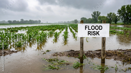 Flood Risk Warning Sign in Waterlogged Agricultural Crop Field. Severe Farm Flooding and Crop Damage After Heavy Rainfall.