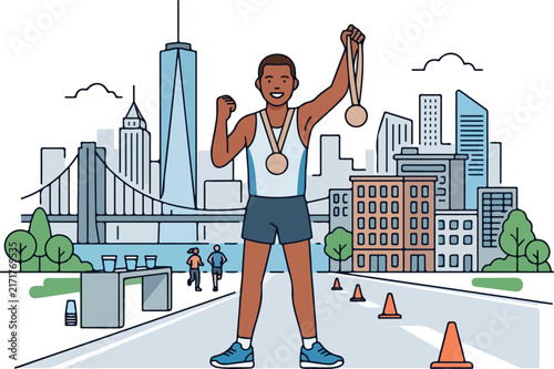 Marathon Finisher Celebrating Victory With Medal In Urban City Race Flat Vector Illustration